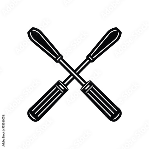 A set of steel work tools includes a screwdriver with a black and red handle and a set of isolated metal screwdriver bits