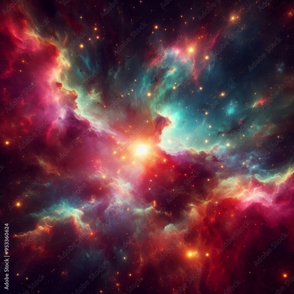 Nebula in deep space with glowing stars, creating a mysterious and vibrant astronomical scene Nebula in deep space with glowing stars, creating a mysterious and vibrant astronomical scene