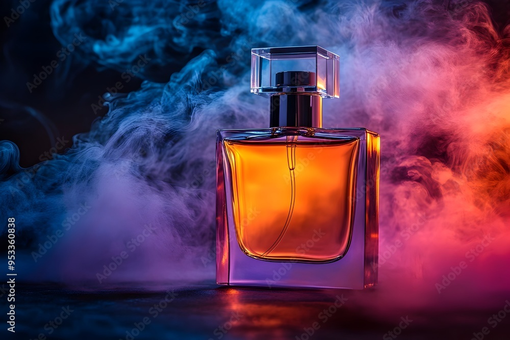 Glowing Perfume Bottle Enveloped in Swirling Colorful Smoke for Mystical Product Presentation Glowing Perfume Bottle Enveloped in Swirling Colorful Smoke for Mystical Product Presentation