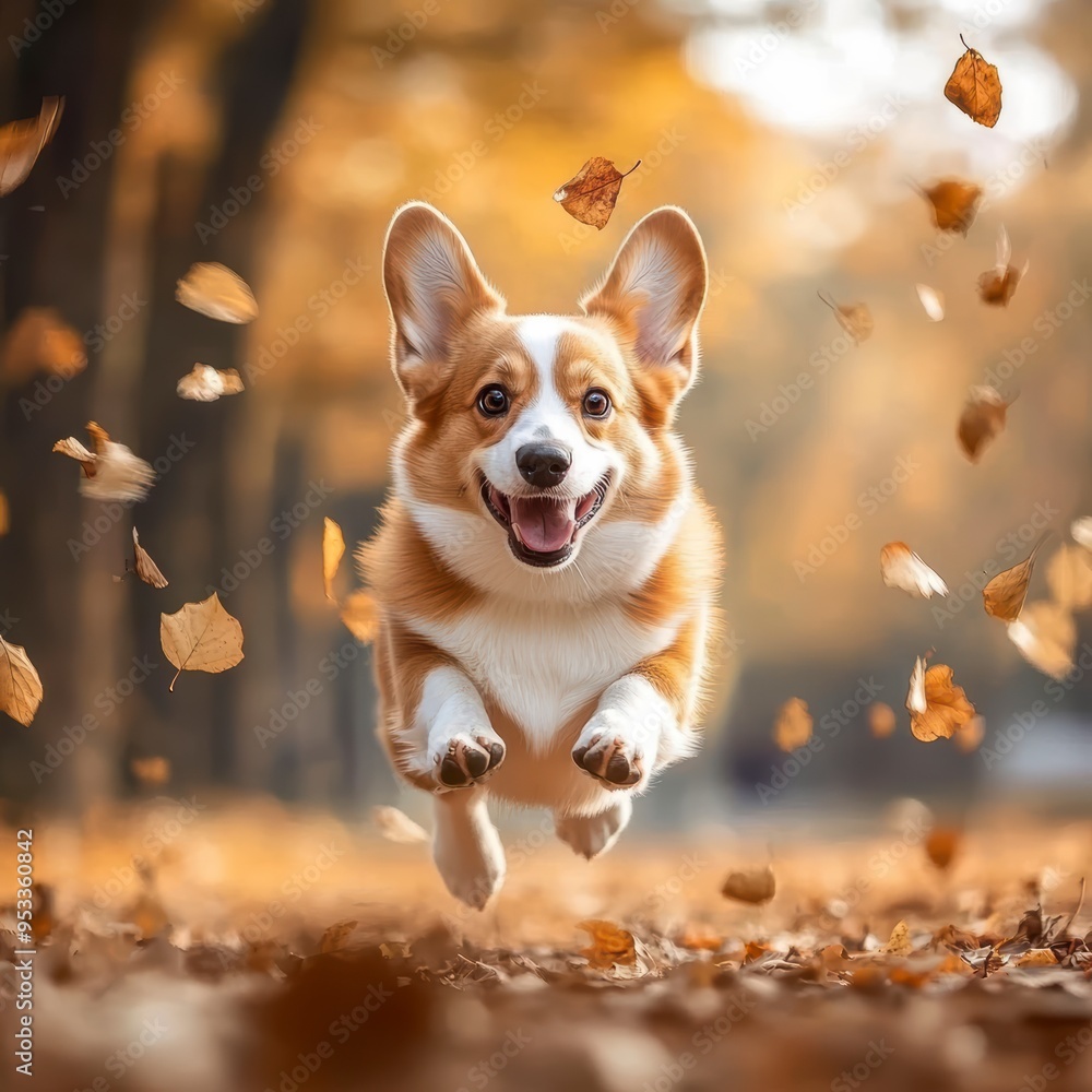 Cute dog running and playing in the park, surrounded by falling leaves, smiling with his tongue out Cute dog running and playing in the park, surrounded by falling leaves, smiling with his tongue out