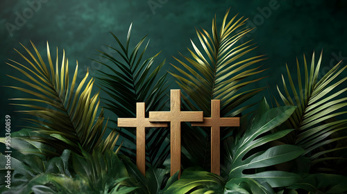 Three wooden crosses stand ...
