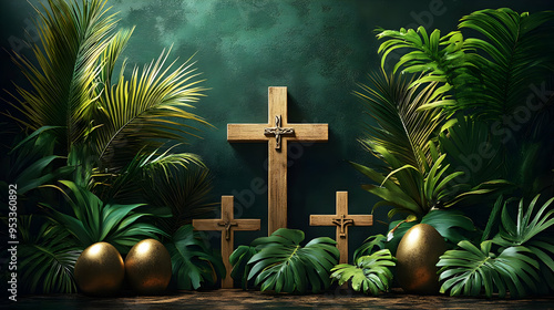 Three wooden crosses standi...