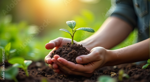 A person gently holds a small green plant in rich soil, symbolizing growth and nurturing in a serene natural setting