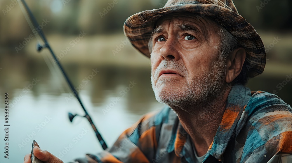 Fototapeta premium Experienced Senior Fisherman Enjoying Peaceful Outdoor Fishing Adventure on Scenic Lake or River