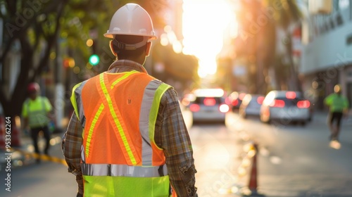 Construction Worker in Safety Vest Observing City Street at Sunset 