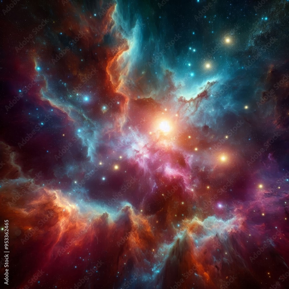 Nebula in deep space with glowing stars, creating a mysterious and vibrant astronomical scene Nebula in deep space with glowing stars, creating a mysterious and vibrant astronomical scene