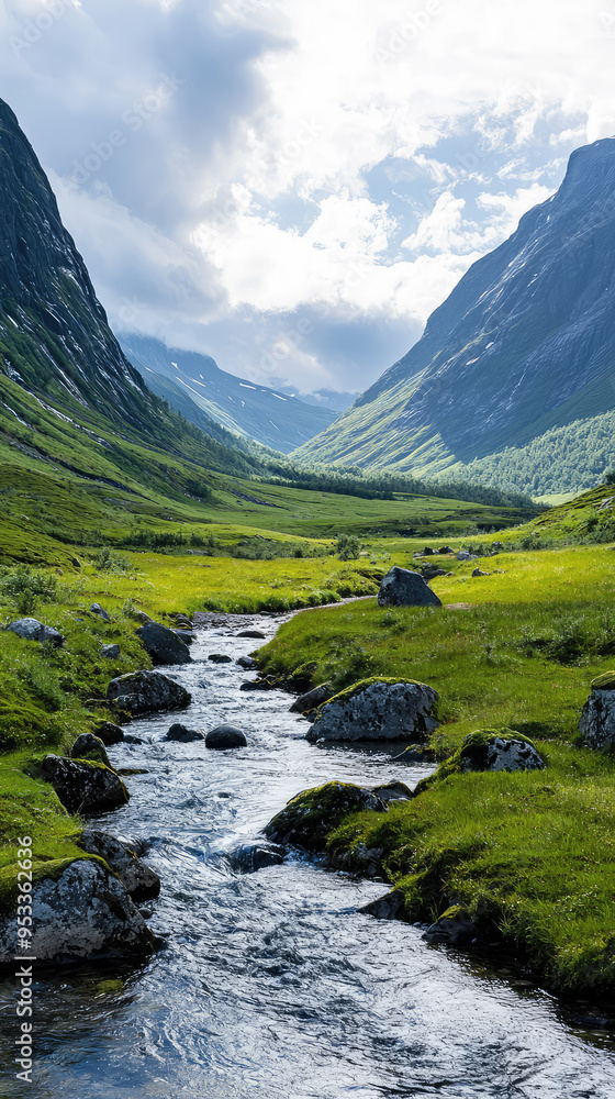 Fototapeta premium A Tranquil Stream Meanders Through A Lush Scandinavian Valley, Bathed In Soft Sunlight And Framed By Majestic Mountains.