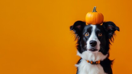 Halloween dog costume. Banner with copy space for text. Cute puppy wearing funny homemade full body bat costume in front of orange background
