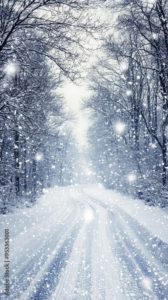 A winding snow-covered road disappears into a wintery forest, with delicate snowflakes falling gracefully. A winding snow-covered road disappears into a wintery forest, with delicate snowflakes falling gracefully.
