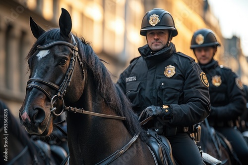 Mounted police officer patrolling city streets on horseback