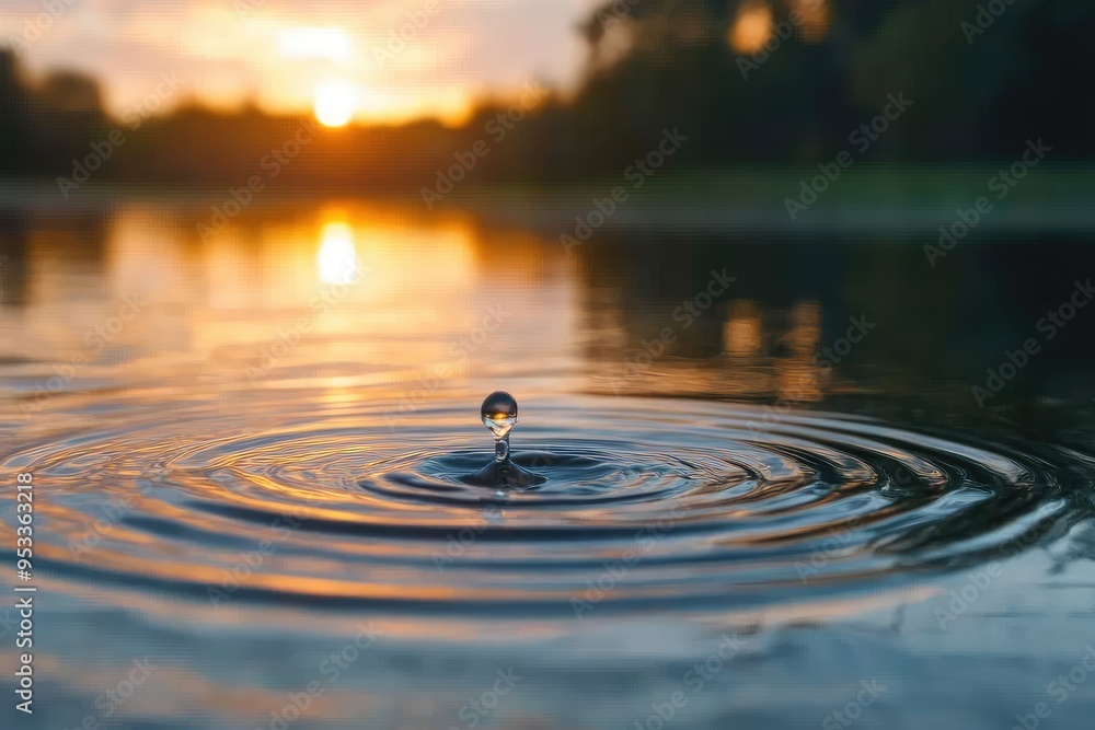 Water drop making ripple effect at sunset over lake Water drop making ripple effect at sunset over lake