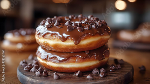 Two chocolate donuts with chocolate chips on a wooden board.