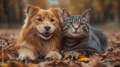 Cat and dog friends in autumn decorations. Halloween design concept banner. Pumpkin and leaves.