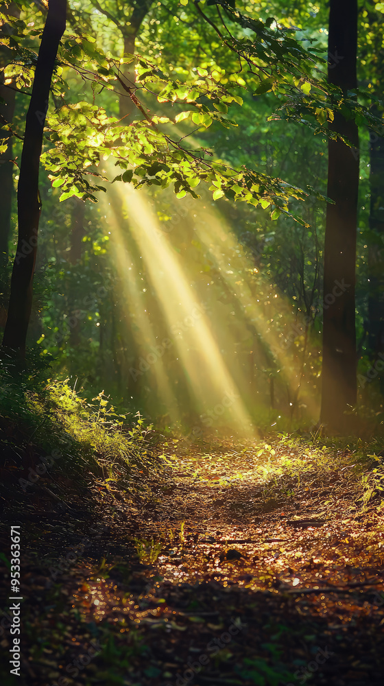 Fototapeta premium Golden Rays Pierce Through Verdant Forest, Illuminating a Tranquil Path