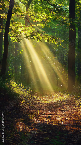 Golden Rays Pierce Through Verdant Forest, Illuminating a Tranquil Path