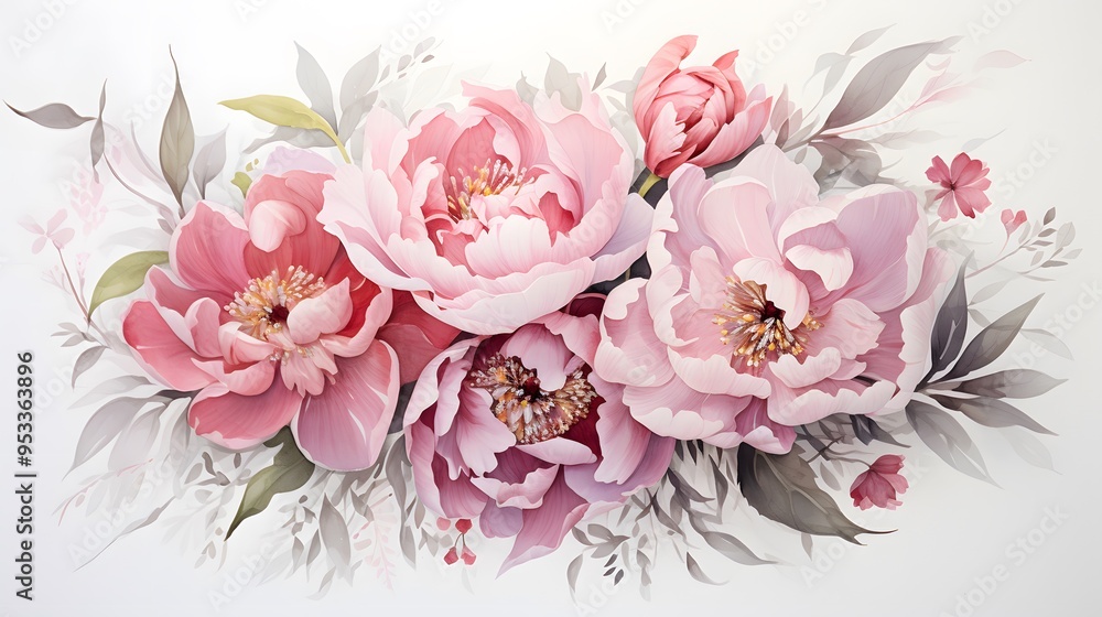 Soft and subtle gouache painting of an elegant bouquet of peonies, with gentle color transitions and delicate details. Soft and subtle gouache painting of an elegant bouquet of peonies, with gentle color transitions and delicate details.