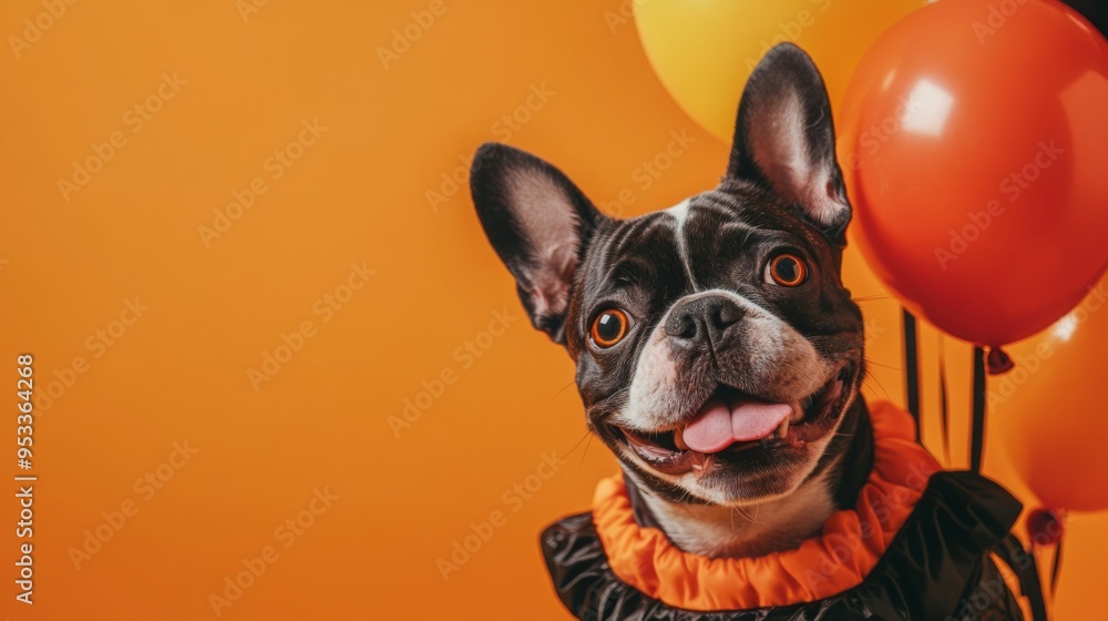Halloween dog costume. Banner with copy space for text. Cute puppy wearing funny homemade full body bat costume in front of orange background Halloween dog costume. Banner with copy space for text. Cute puppy wearing funny homemade full body bat costume in front of orange background