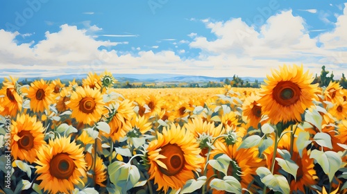 Pastel painting of a field of sunflowers under a clear blue sky, with cheerful, bright colors and soft textures. photo