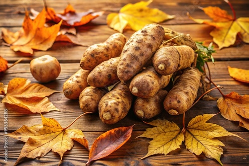 Ripe, brown-skinned true yam tubers with nods and ridges, freshly harvested and arranged on a rustic wooden table amidst fallen leaves and natural fibers. photo