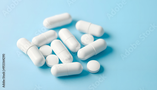 White pills close-up on a blue-white background. close-up, pharmacovigilance, safety quality control isolated with white highlights, png photo