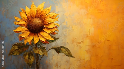 Detailed acrylic painting of a single sunflower with intricate petal textures and a rich, warm background. photo