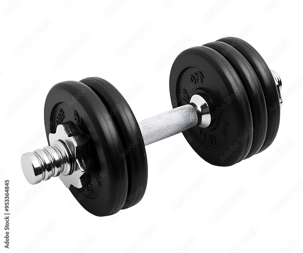 Naklejka premium Black Dumbbell with Chrome Handle on White Background