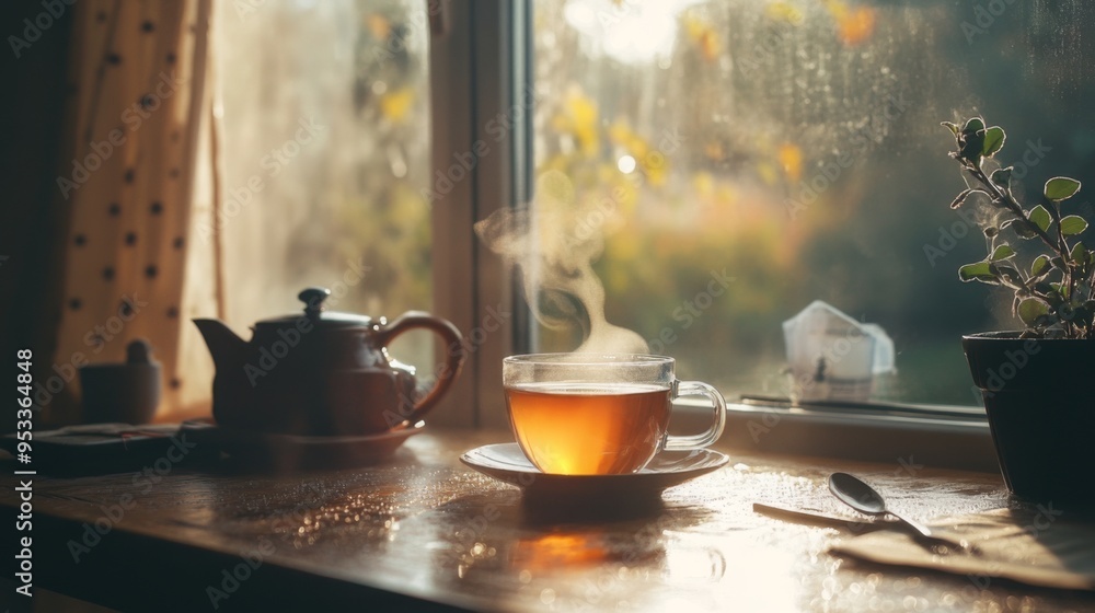 A cup of tea on a wooden windowsill against the background of an autumn rainy window. Autumn mood aesthetic. Vintage background composition A cup of tea on a wooden windowsill against the background of an autumn rainy window. Autumn mood aesthetic. Vintage background composition