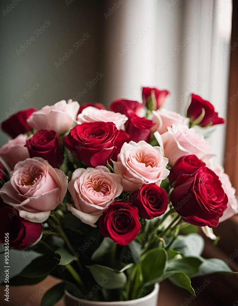 Obraz premium Romantic Valentine’s bouquet featuring red and pink roses expressing love and affection, perfect for a special occasion or celebration of romance in a serene garden setting. Generative AI