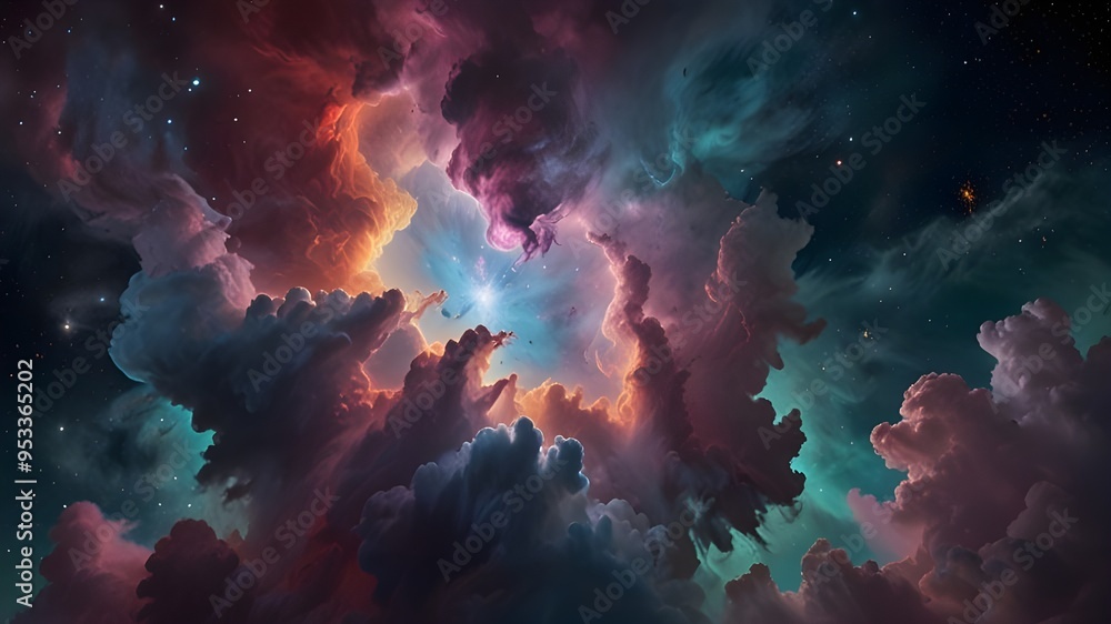 Soft, Glowing Nebula Clouds with Vibrant Colors Over a Space-Themed Background Soft, Glowing Nebula Clouds with Vibrant Colors Over a Space-Themed Background