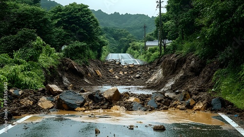 Massive Landslide Blocking Mountain Road After Heavy Rainfall and Debris Accumulation photo