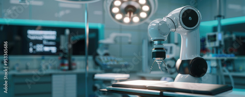 A detailed image of a robotic system assisting in a complex orthopedic surgery, with futuristic medical equipment and sterile environment.