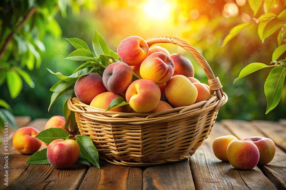 Ripe, juicy sweet peaches overflow from a wicker basket, surrounded by lush green leaves and soft, warm light, evoking feelings of summer's sweet simplicity. Ripe, juicy sweet peaches overflow from a wicker basket, surrounded by lush green leaves and soft, warm light, evoking feelings of summer's sweet simplicity.
