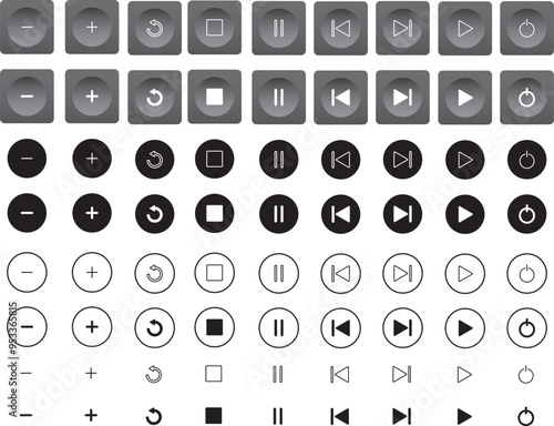 Music player icon sets. multimedia button sets,  play, forward, stop, volume up, volume down, rewind, pause, power off, power button power on. video player icons set. audio player buttons collections.