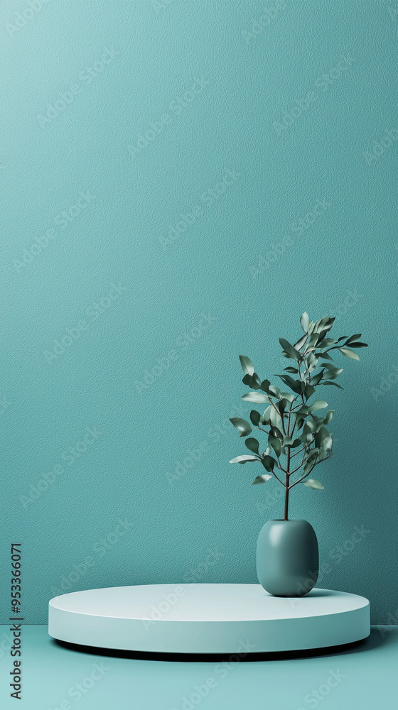 Minimalist composition with a potted plant, set on a circular platform against a teal background, capturing contemporary interior design aesthetics. Minimalist composition with a potted plant, set on a circular platform against a teal background, capturing contemporary interior design aesthetics.