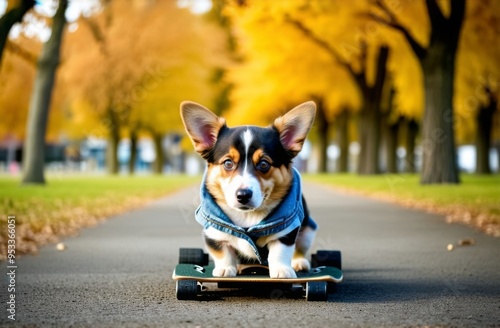 Cute funny red Pembroke Welsh Corgi puppy in a denim vest stands on a skateboard on the path in the autumn park photo