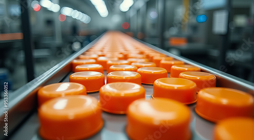 Conveyor belt transporting orange bottle caps in a manufacturing facility during daytime operations photo