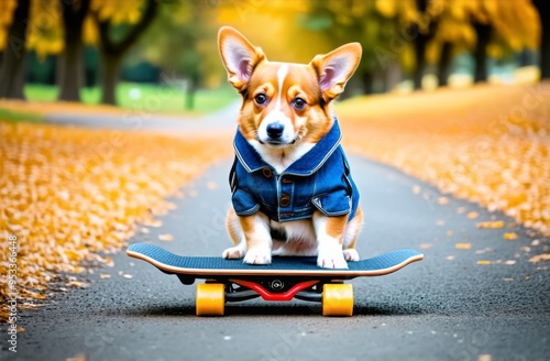 Cute funny red Pembroke Welsh Corgi puppy in a denim vest stands on a skateboard on the path in the autumn park photo