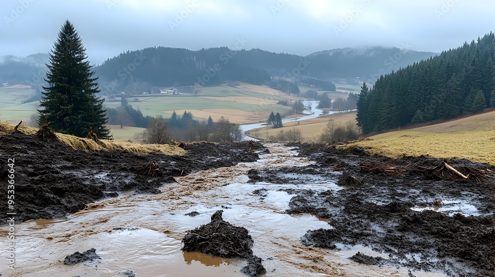 Raging Mudslide Ravaging Dense Forest Uprooting Trees and Debris into ...