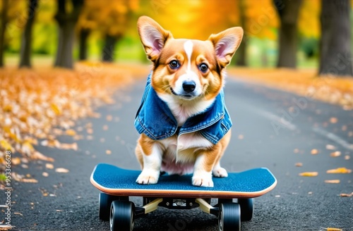 Cute funny red Pembroke Welsh Corgi puppy in a denim vest stands on a skateboard on the path in the autumn park photo