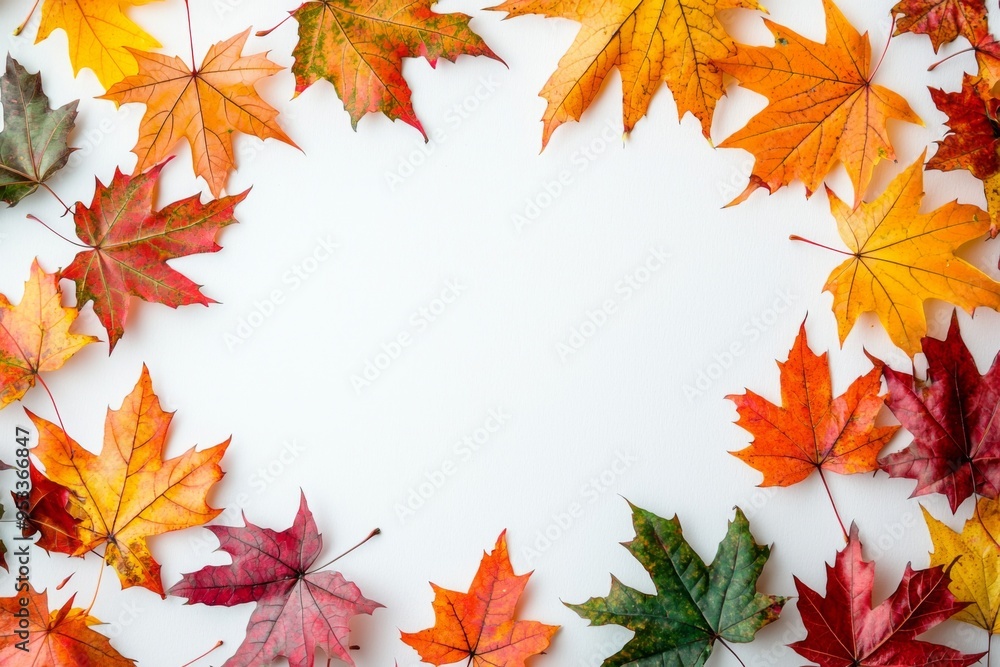 Autumn Maple Leaves Flat Lay White Background created with Generative AI Autumn Maple Leaves Flat Lay White Background created with Generative AI