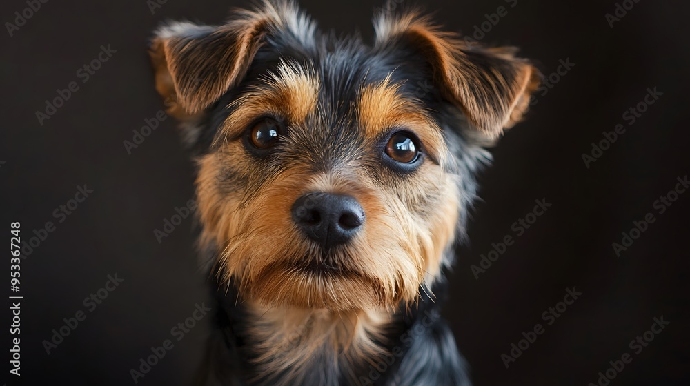 Adorable terrier dog with expressive eyes against dark background Adorable terrier dog with expressive eyes against dark background