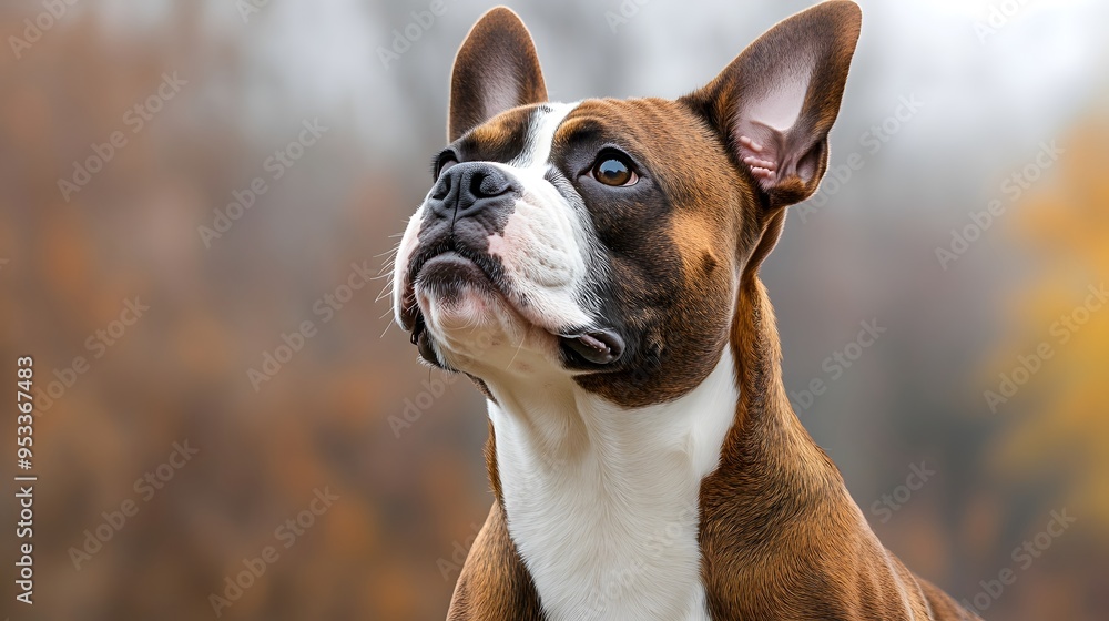 Curious boxer dog in autumn forest setting with focused gaze Curious boxer dog in autumn forest setting with focused gaze