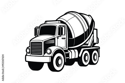 Black and white cement mixer truck silhouette in minimalist side view for construction branding