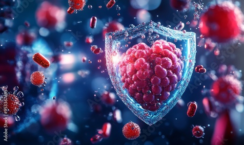 Immune System Defense shield-shaped organ surrounded by protective elements like vitamins and antioxidants, symbolizing the role of the immune system in defending against, Generative AI photo