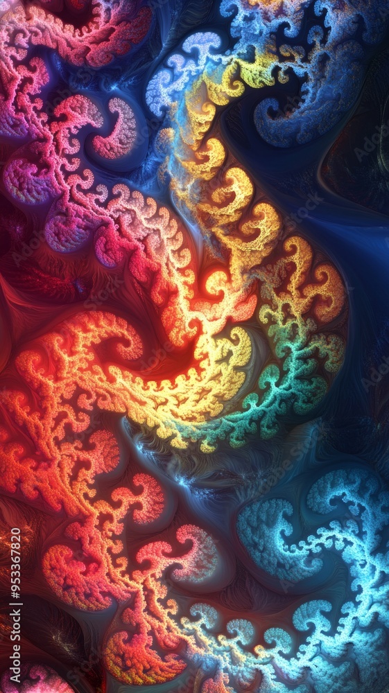 Fototapeta premium Vivid Fractal Dance, an exploration of intricate abstract patterns blending vibrant colors, creating a mesmerizing visual experience that captivates the viewer's imagination