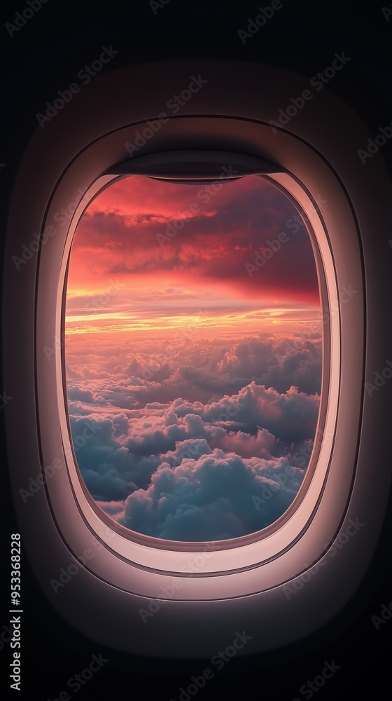 airplane window with a view of clouds and sunset colors taken from inside the cabin airplane window with a view of clouds and sunset colors taken from inside the cabin