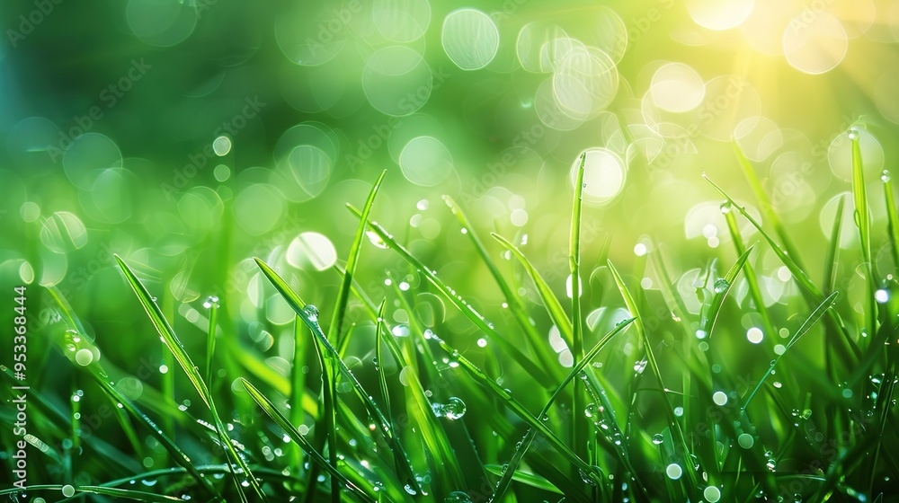 Obraz premium Stunning Picture of Dewdrop on Green Grass: A Delicate and Enchanting Natural Snapshot. Showcasing the Beauty and Serenity of Tiny Wonders.
