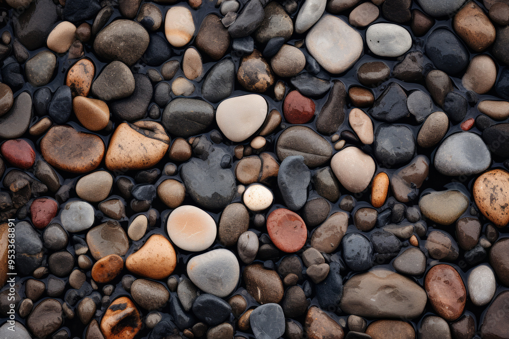 Processed collage of wet pebble stones on asphalt texture. Background for banner, backdrop Processed collage of wet pebble stones on asphalt texture. Background for banner, backdrop