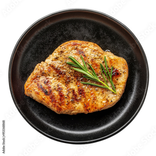 Succulent grilled chicken steak with herbs served on an elegant black plate, enhancing its gourmet appeal, chicken steak on black plate on transparent background