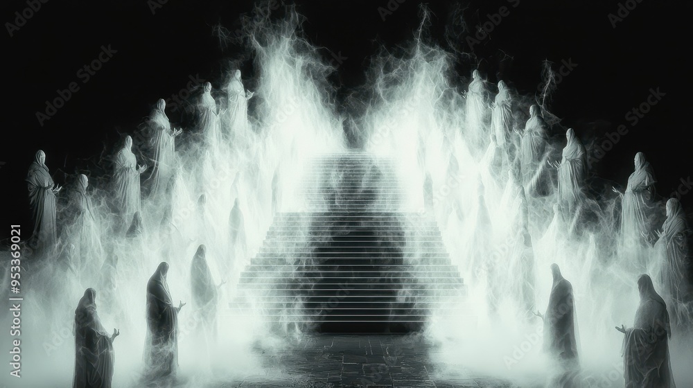 Mystical Figures in Foggy Stairway to Heaven Mystical Figures in Foggy Stairway to Heaven